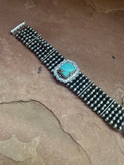 Handmade Sterling Silver & Number 8 Turquoise Beaded Navajo Pearl Style Bracelet