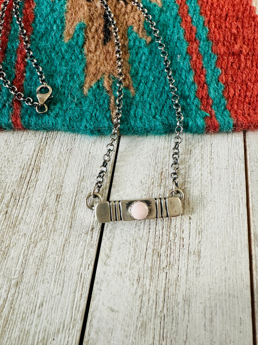 Navajo Sterling Silver & Queen Pink Conch Bar Necklace by Russell Sam