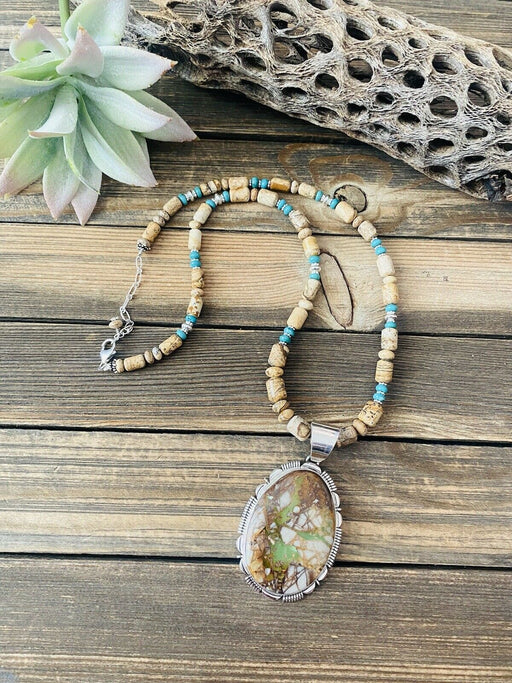 Navajo Jasper, Turquoise And Sterling Silver Beaded Necklace & Pendant Signed - Culture Kraze Marketplace.com