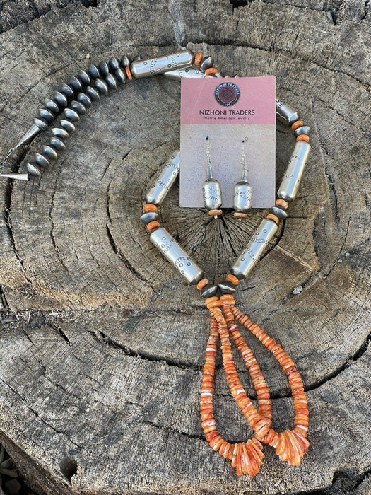 Navajo Sterling Silver Handmade Orange Spiny Jacla Necklace & Earring Set