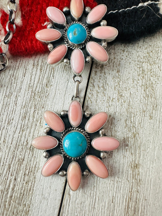 Navajo Sterling Silver, Queen Pink Conch & Turquoise Lariat Necklace