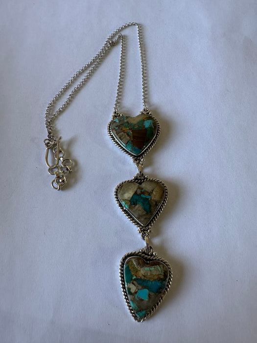 Beautiful Handmade Sterling Silver & Turquoise 3 Stone Heart Necklace