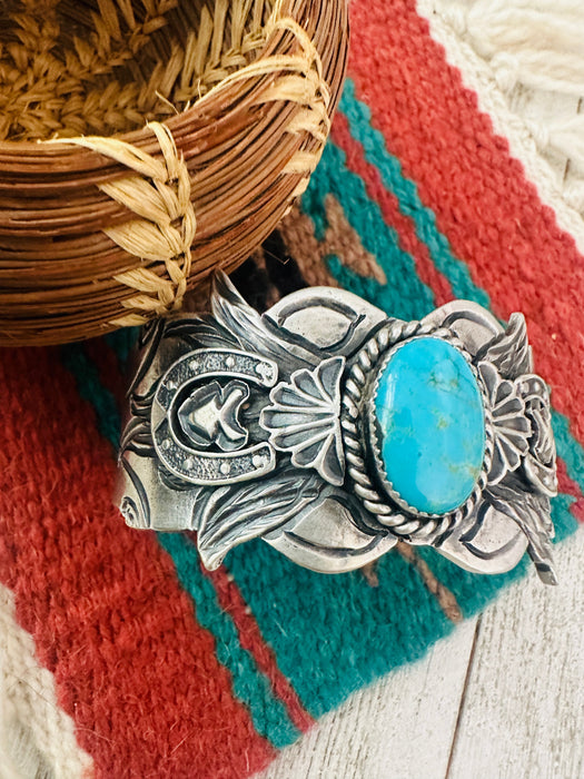 Navajo Turquoise & Sterling Silver Horse Cuff Bracelet by Kevin Billah