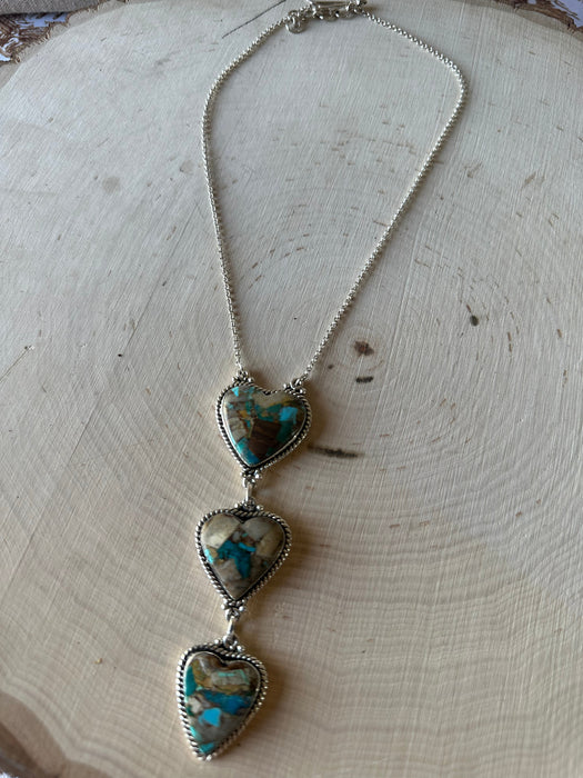Beautiful Handmade Sterling Silver & Turquoise 3 Stone Heart Necklace
