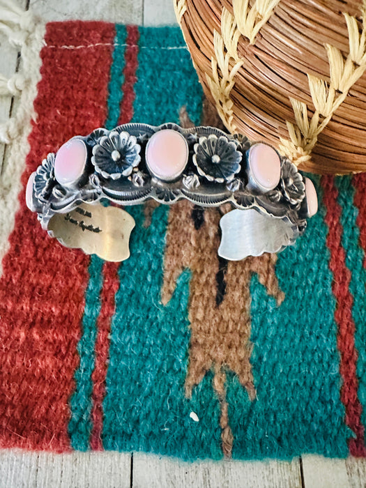 Navajo Queen Pink Conch & Sterling Silver Flower Cuff Bracelet