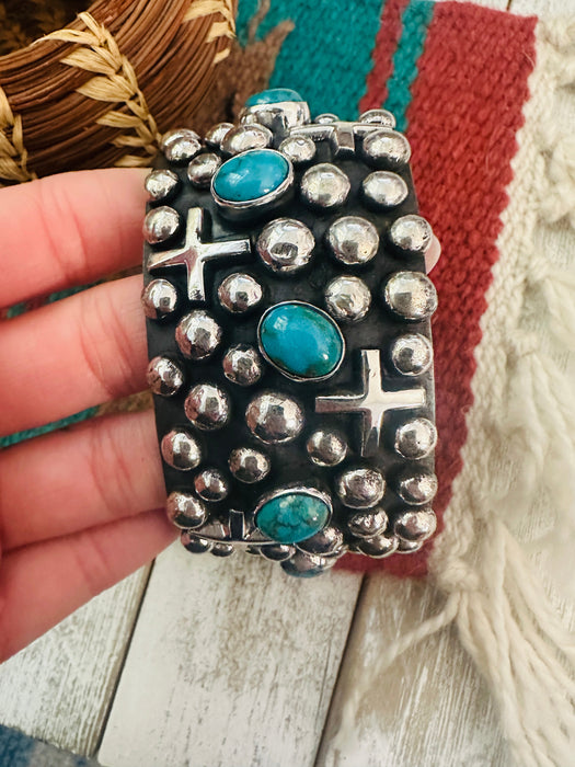Navajo Turquoise & Sterling Silver Cross Cuff Bracelet By Chimney Butte