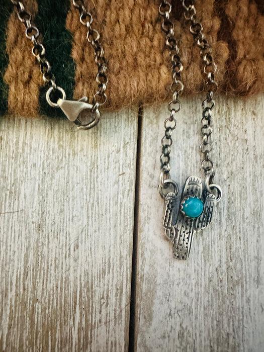Navajo Sterling Silver & Turquoise Cactus Necklace