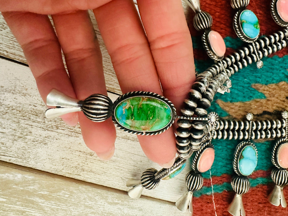 Navajo Turquoise, Pink Conch & Sterling Silver Necklace Set by Russell Sam