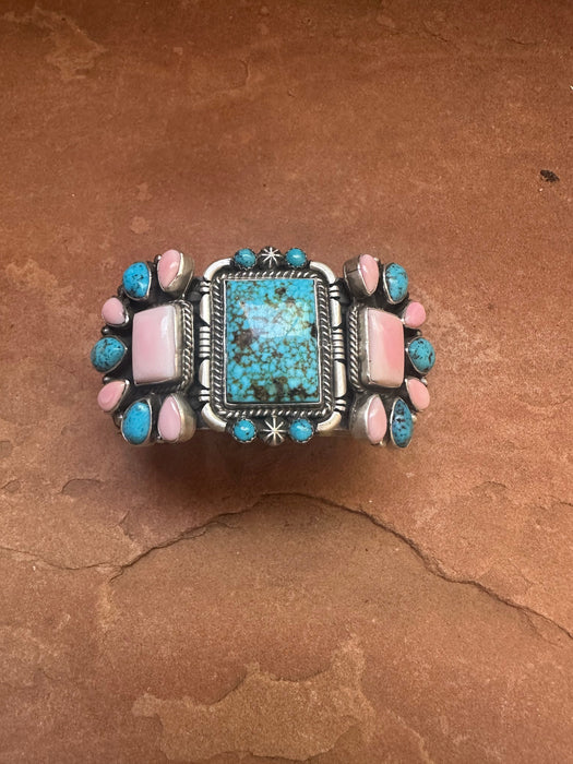 Navajo Sterling Silver, Pink Conch & Turquoise Bracelet Cuff Signed Larry James