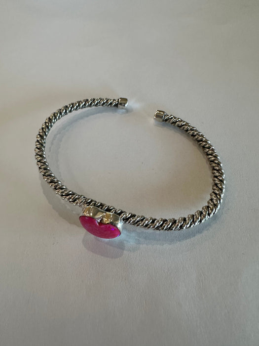 Handmade Fire Pink Opal and Sterling Silver Heart Adjustable Cuff Bracelet