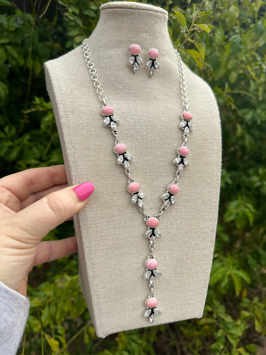 Handmade Sterling Silver, CZ & Pink Conch Statement Necklace Set