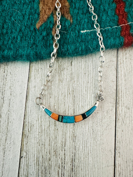 Navajo Sterling Silver & Multi Stone Inlay Crescent Necklace