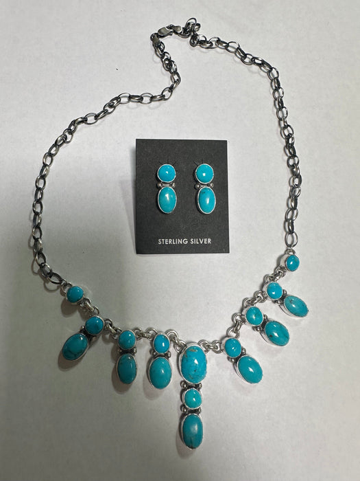 Navajo Sterling Silver & Turquoise Necklace & Earring Set Signed