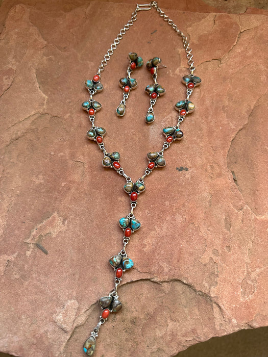Handmade Sterling Silver, Coral & Turquoise Lariat Necklace Set