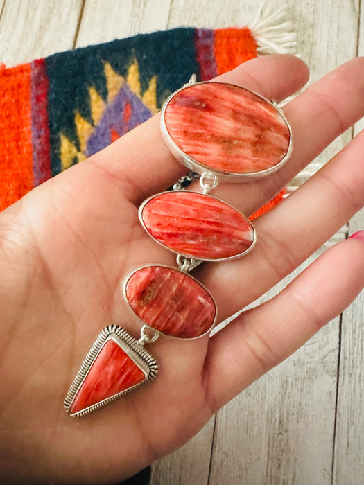 Navajo Red Spiny & Sterling Silver 4 Stone Lariat Necklace by Wydell Billie