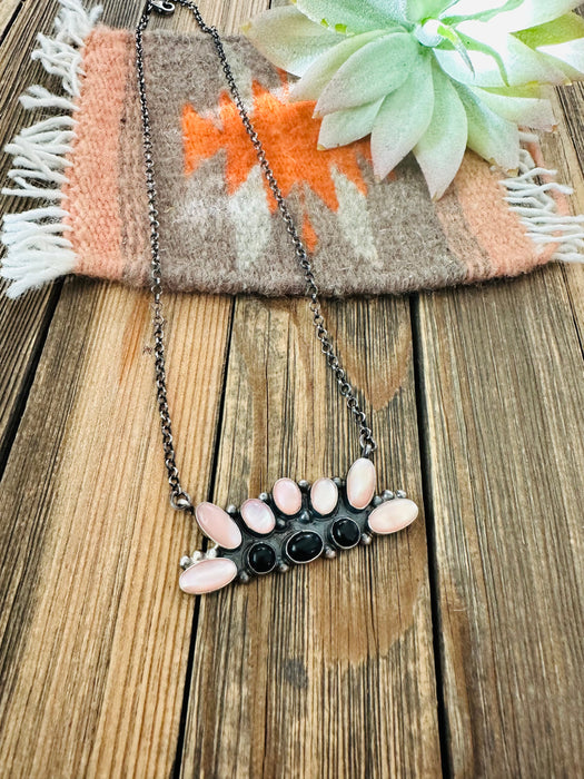 Navajo Mother of Pearl, Onyx And Sterling Silver Cluster Necklace Signed