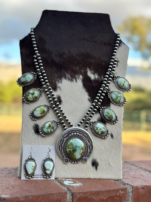 Navajo Sterling Silver & Palomino Turquoise Squash Blossom Necklace and Earring Set