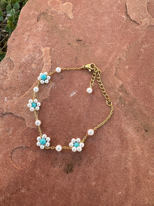 “The Golden Collection” Handmade Turquoise & Mother of Pearl Beaded 18k Gold Plated Flower Bracelet