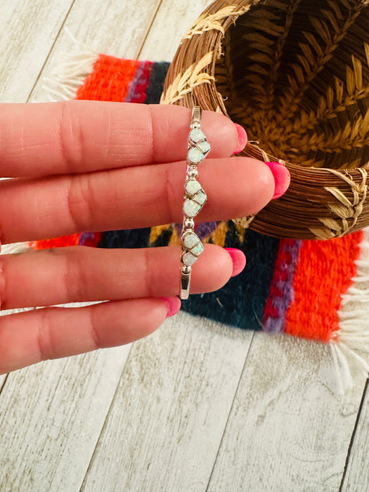 Zuni Sterling Silver & White Opal Heart Baby Cuff Bracelet