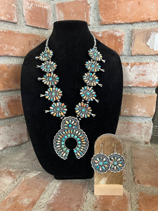 Handmade Sterling Silver, Turquoise & Spice Squash Blossom Necklace Set Signed Nizhoni