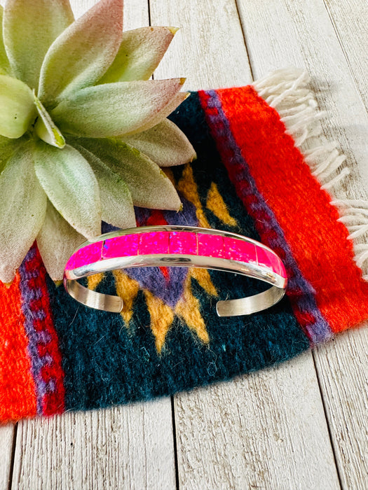 Navajo Sterling Silver & Hot Pink Opal Inlay Cuff Bracelet