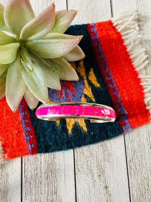 Navajo Sterling Silver & Hot Pink Opal Inlay Cuff Bracelet
