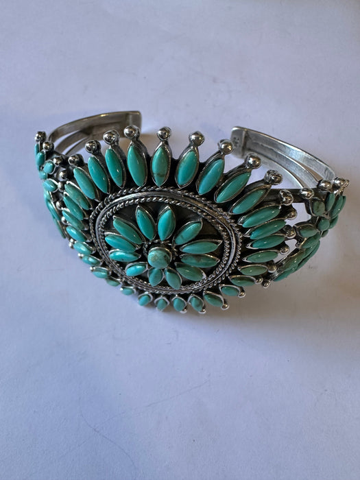 Handmade Sterling Silver & Turquoise Cluster Floral Cuff Bracelet Signed Nizhoni