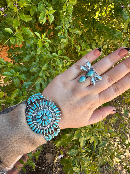 Handmade Sterling Silver & Turquoise Cluster Floral Cuff Bracelet Signed Nizhoni