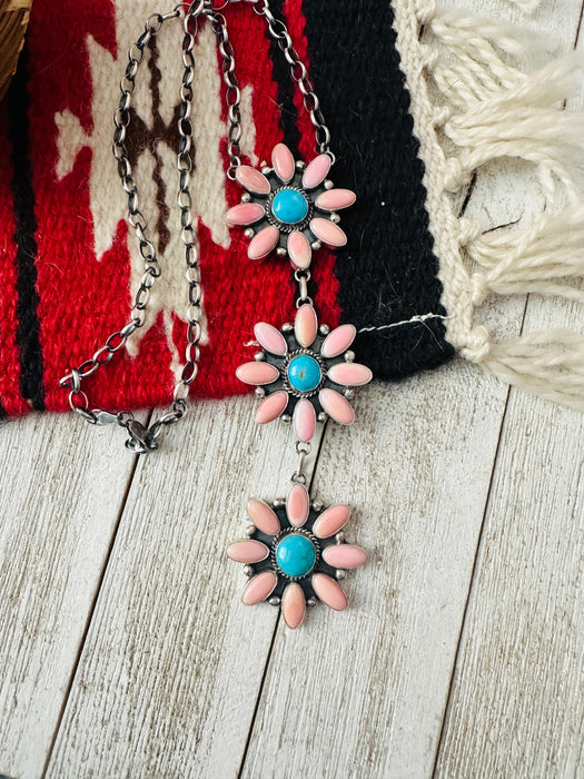 Navajo Sterling Silver, Queen Pink Conch & Turquoise Lariat Necklace