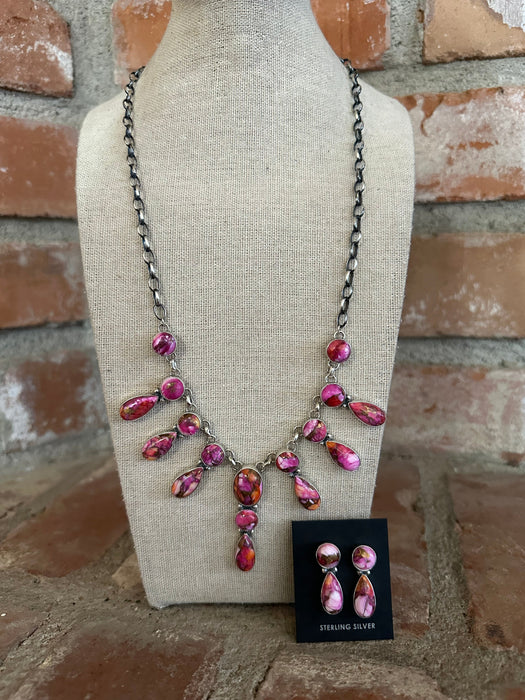 Navajo Sterling Silver & Pink Dream Mojave Necklace & Earring Set Signed