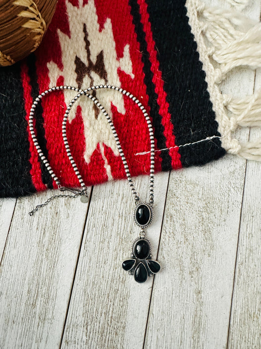 Navajo Onyx & Sterling Silver Pearl Beaded Lariat Necklace