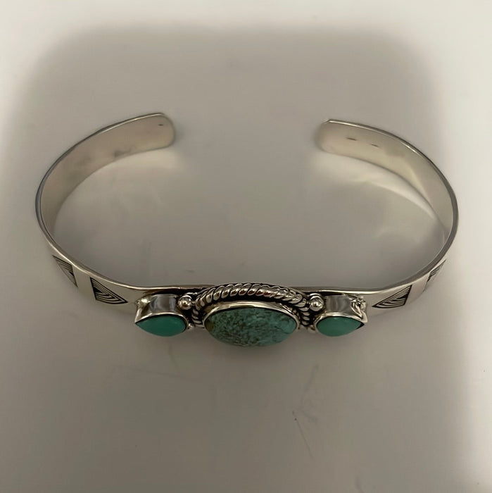 Nizhoni Handmade Sterling Silver & Number 8 Turquoise 3 Stone Adjustable Cuff Bracelet