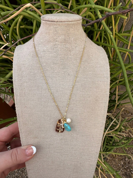 “The Golden Collection” Handmade Turquoise & Pearl Cross 14k Gold Plated Charm Necklace