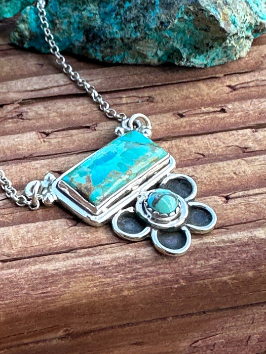 Sterling Silver and Royston Turquoise Flower Bar Necklace