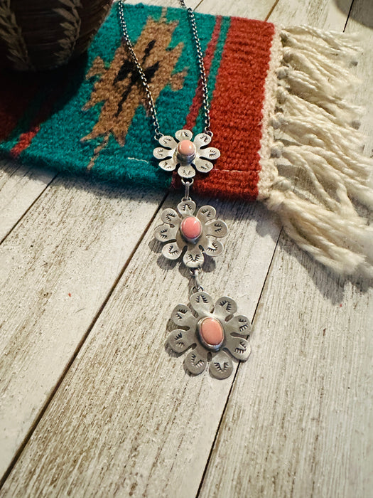 Navajo Sterling Silver & Queen Pink Conch Shell Flower Lariat Necklace