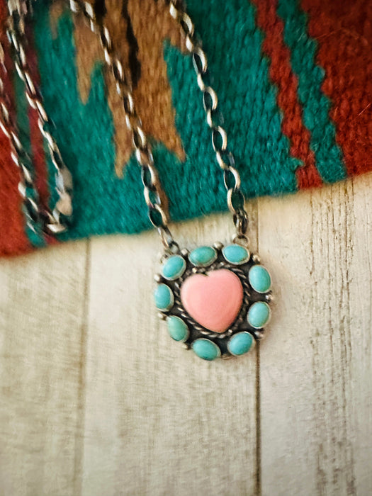 Navajo Sterling Silver, Queen Pink Conch Shell & Turquoise Necklace