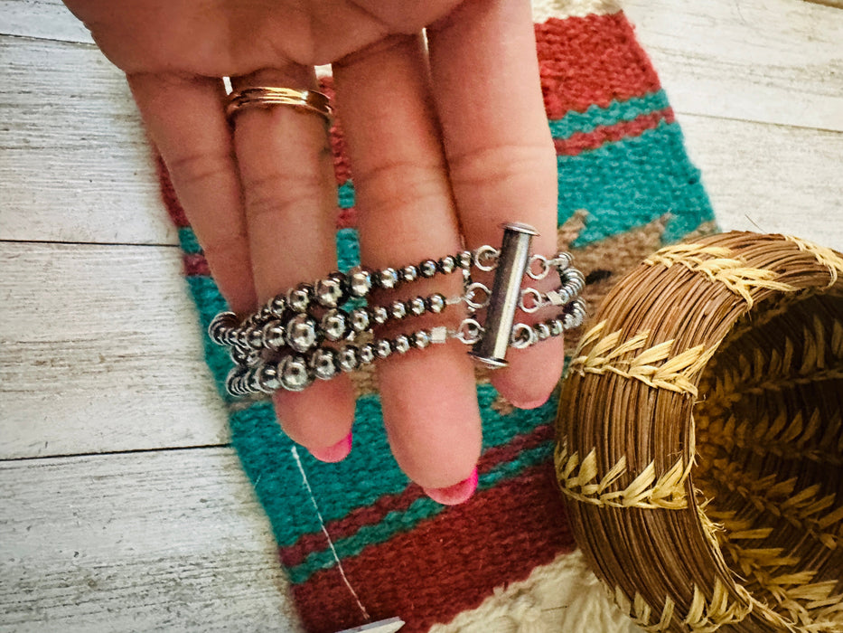 Navajo Sterling Silver Pearl Beaded Triple-Strand Bracelet