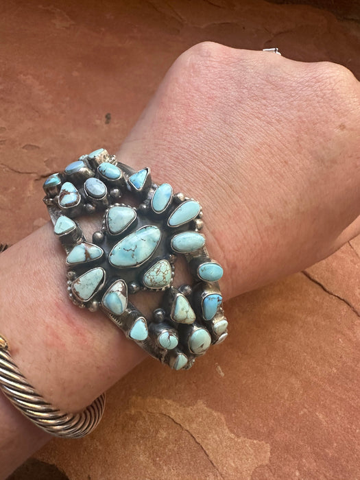 Navajo Golden Hills Turquoise & Sterling Silver Cluster Cuff Bracelet Signed B Johnson