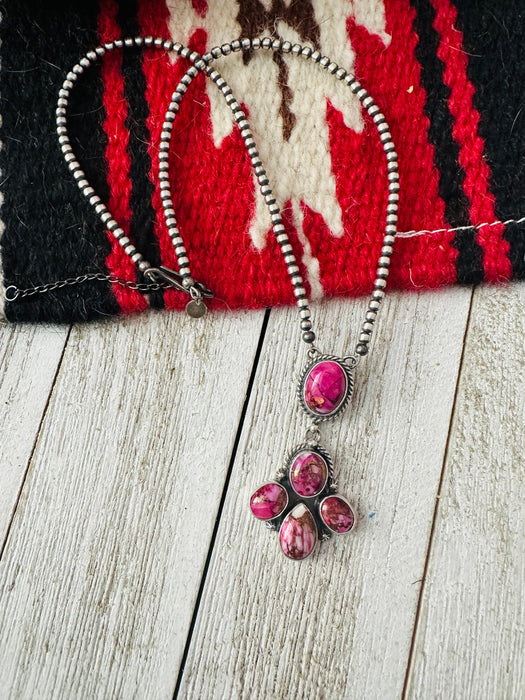 Navajo Pink Dream Mojave & Sterling Silver Pearl Beaded Lariat Necklace