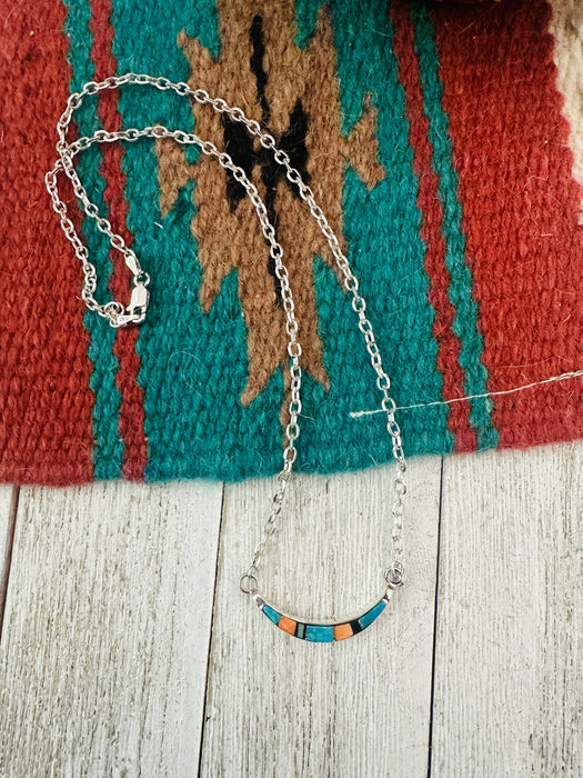 Navajo Sterling Silver & Multi Stone Inlay Crescent Necklace