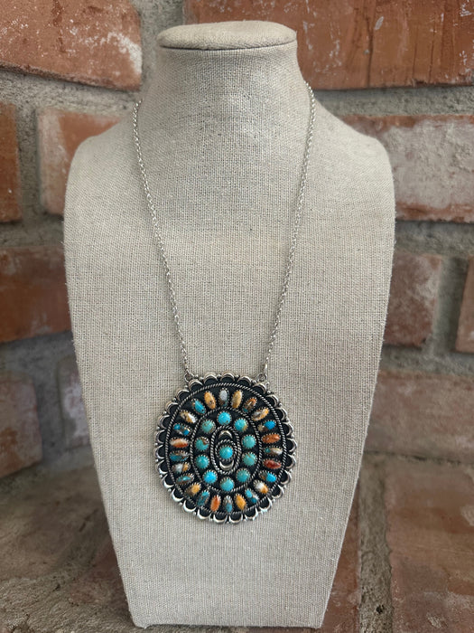 Beautiful Handmade Sterling Silver, Spice & Turquoise Cluster Necklace Signed Nizhoni