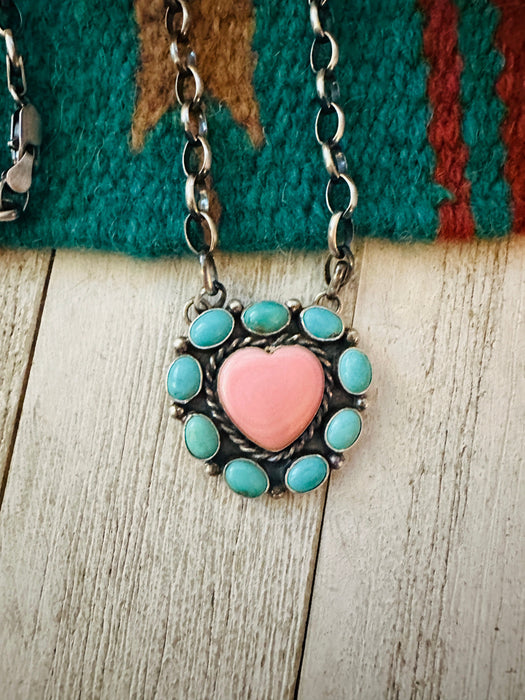 Navajo Sterling Silver, Queen Pink Conch Shell & Turquoise Necklace