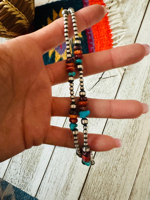 Navajo Multi Stone & Sterling Silver Pearl Beaded Lariat Necklace