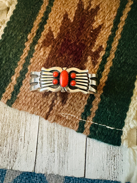 Navajo Coral & Sterling Silver Cuff Bracelet Signed