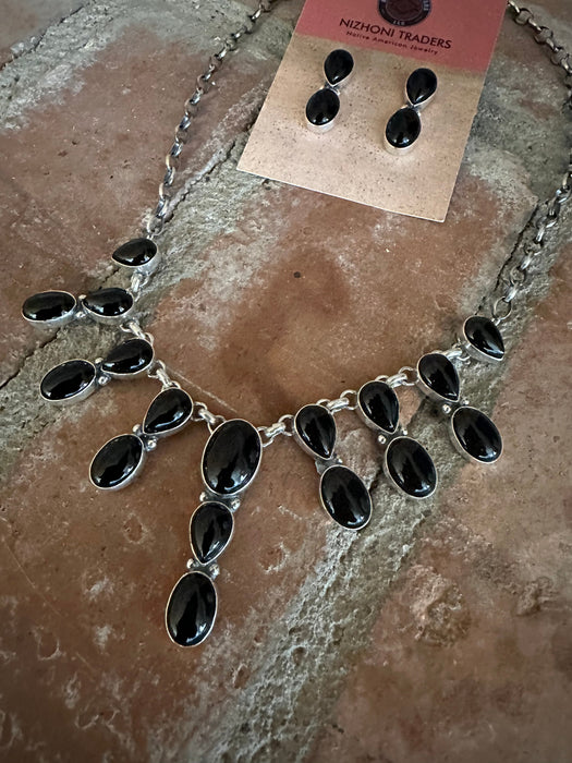 Navajo Sterling Silver & Black Onyx Necklace & Earring Set Signed