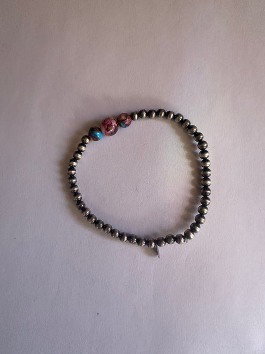 Handmade Navajo Pearl Style Sterling Silver & Pink Dream Mojave Beaded Stretch Bracelet
