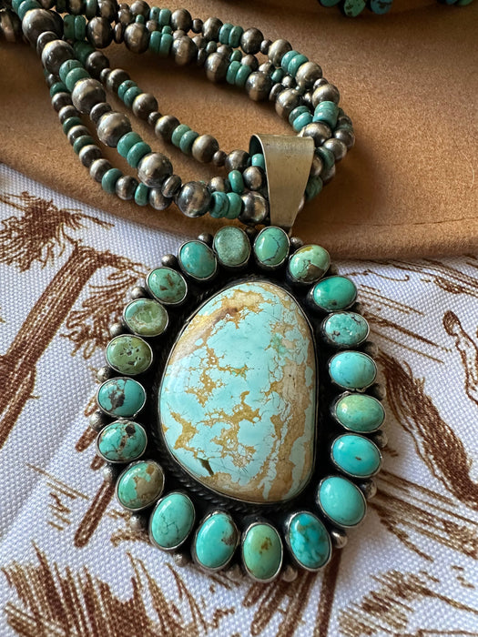 Beautiful Navajo Sterling Silver Beaded Turquoise Necklace With Pendant Signed Ella Peter
