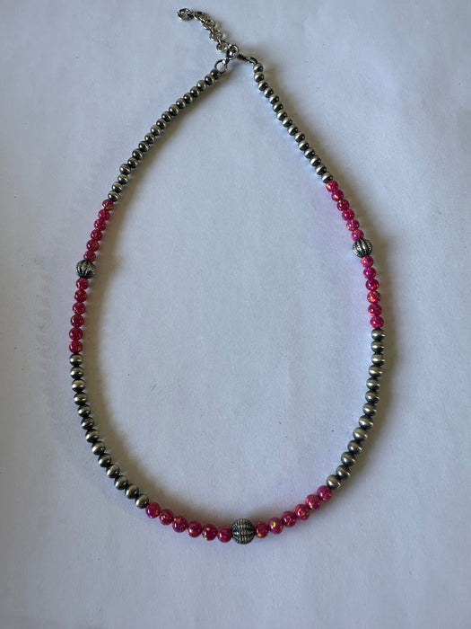 Handmade Navajo Pearl Style Sterling Silver, Dark Pink Fire Opal Beaded Necklace