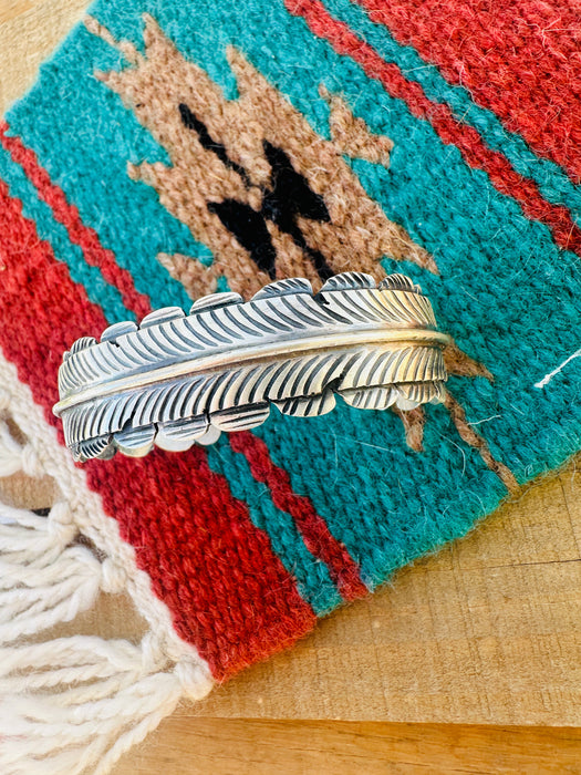 Navajo Hand Stamped Sterling Silver Feather Cuff Bracelet