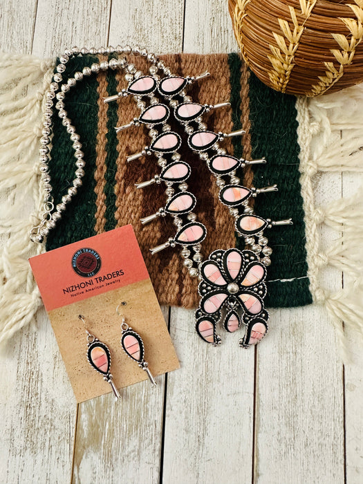 Zuni Sterling Silver & Queen Pink Conch Squash Blossom Necklace Set